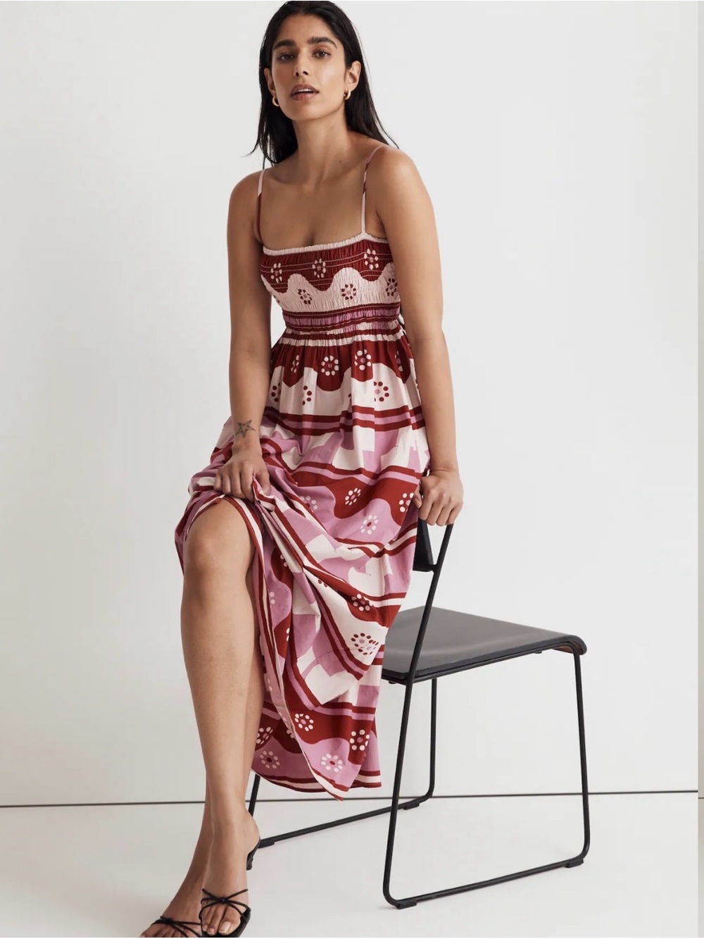 Madewell Pink and Burgundy Striped Floral Smocked Maxi Dress